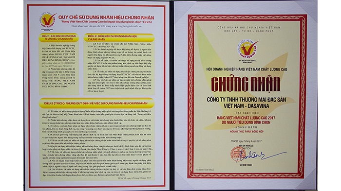 Đạt chứng nhận hàng Việt Nam chất lượng cao do Hội người tiêu dùng bình chọn